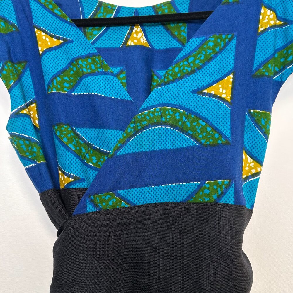 AFRICAN ART PRINT DRESS 100% COTTON Wrap Wear 2 Ways in BLUE GREEN BLACK